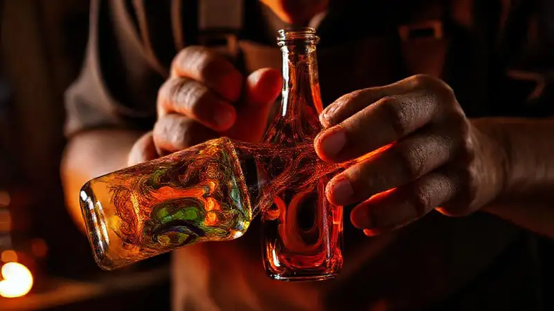 Un artesano crea una botella de vidrio