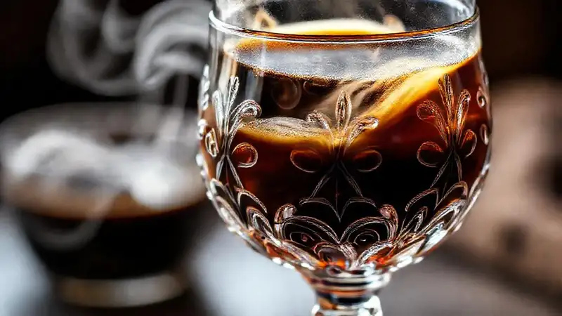 Vaso de cristal elegante, café fumando